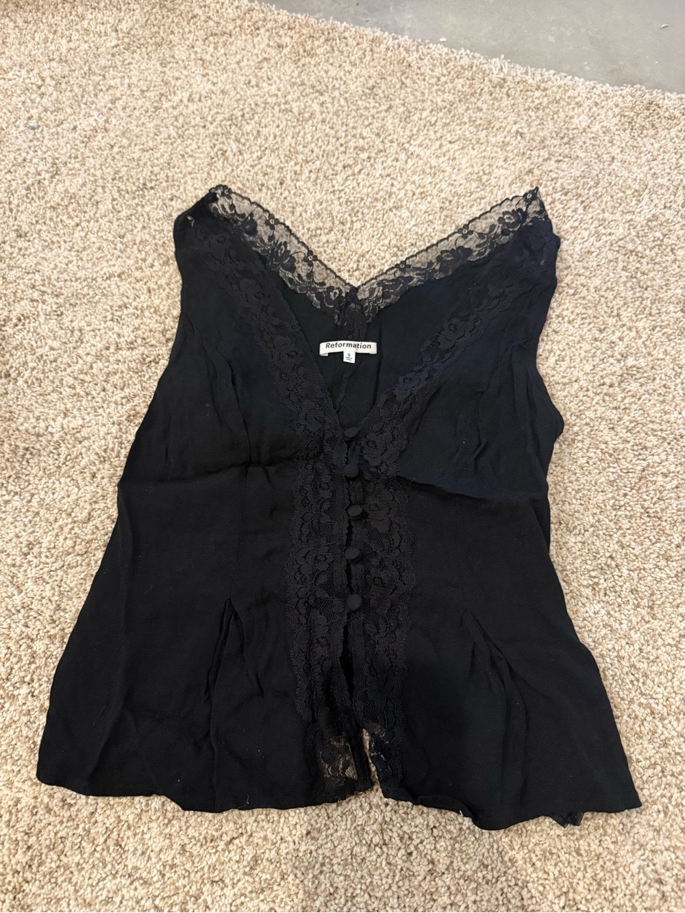 Reformation Cristina Top in Black Lace-Trim V-Neck Camisole